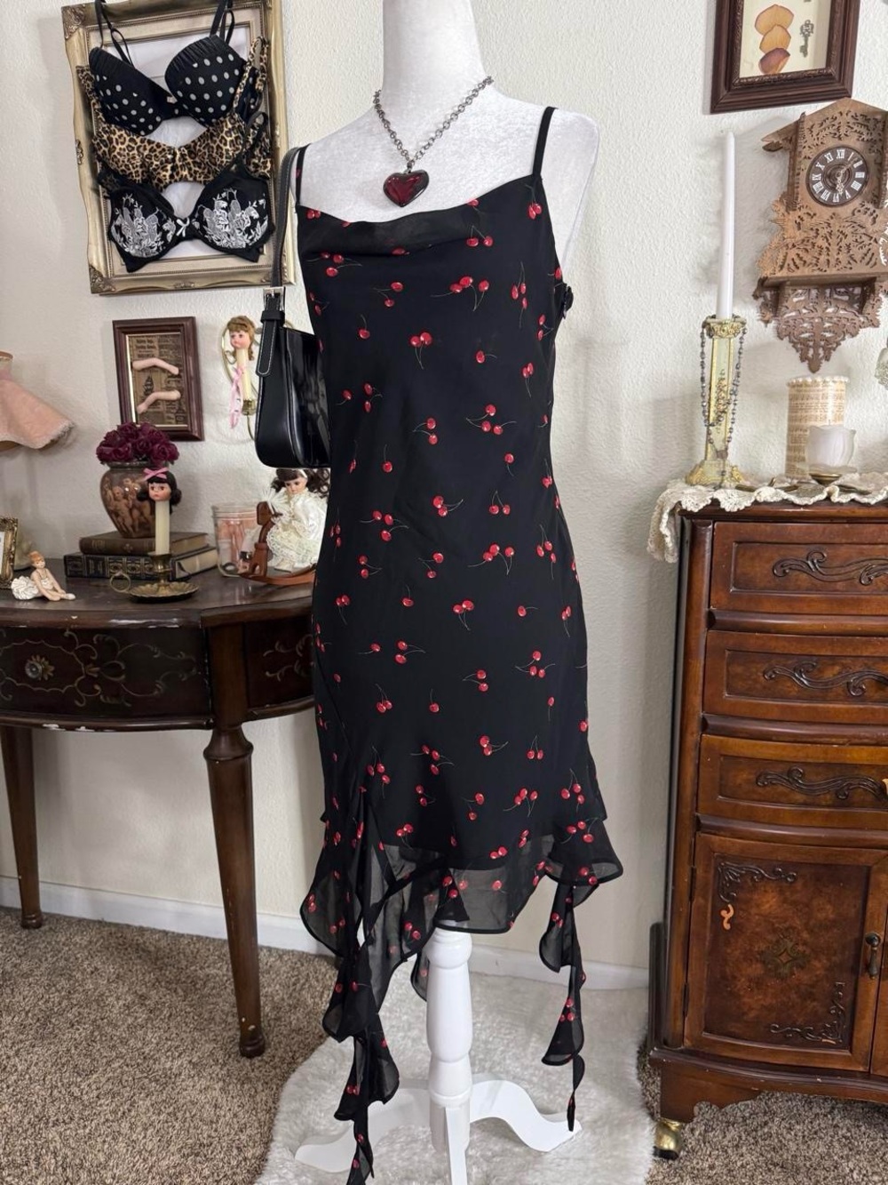 Romantic girly grunge cherry print black cowl neck dress - Picture 3 of 5